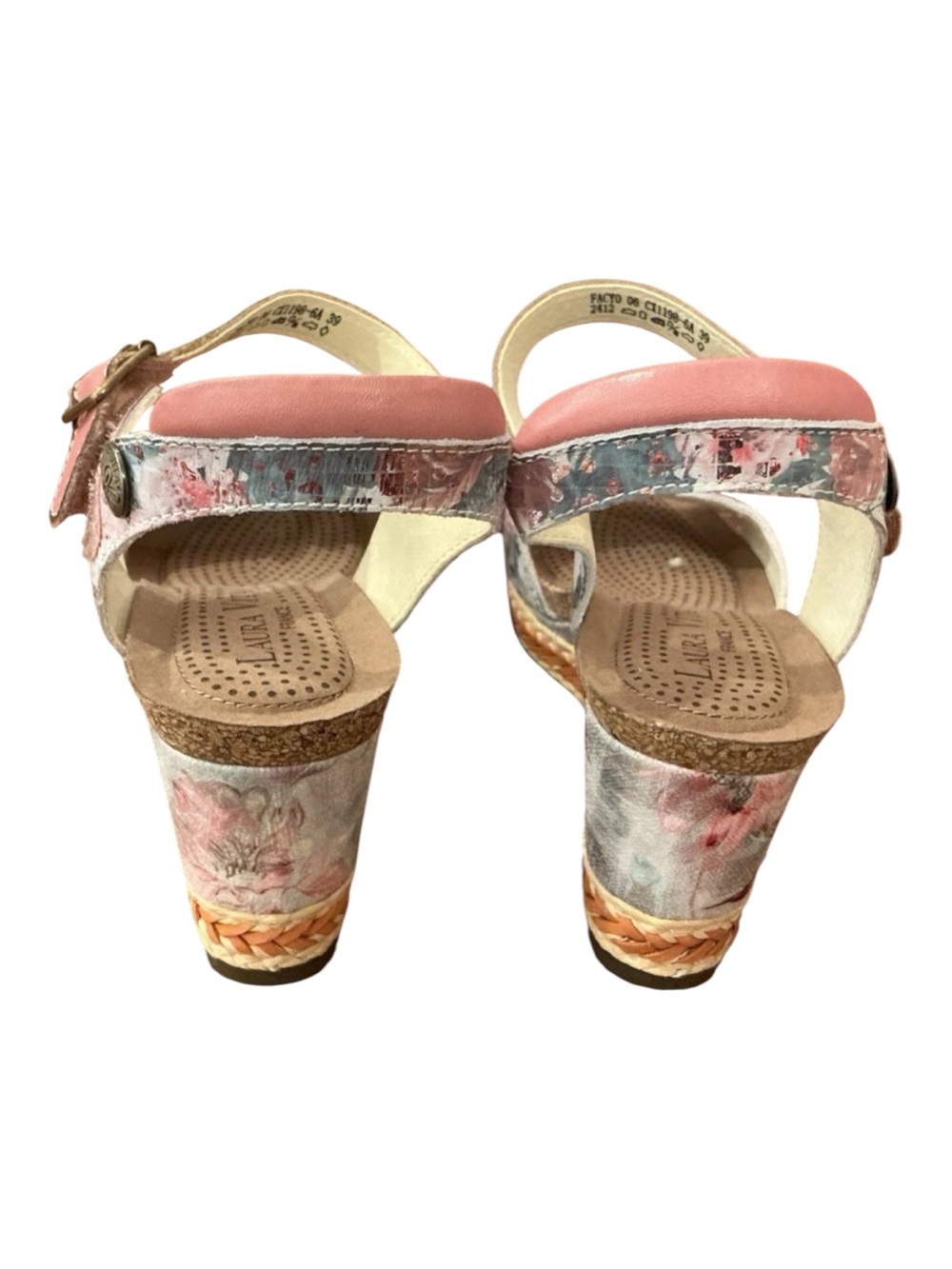 New Laura Vita France Floral Brown Pink Ankle-Strap Wedge Sandals Sz 39 - Picture 5 of 8